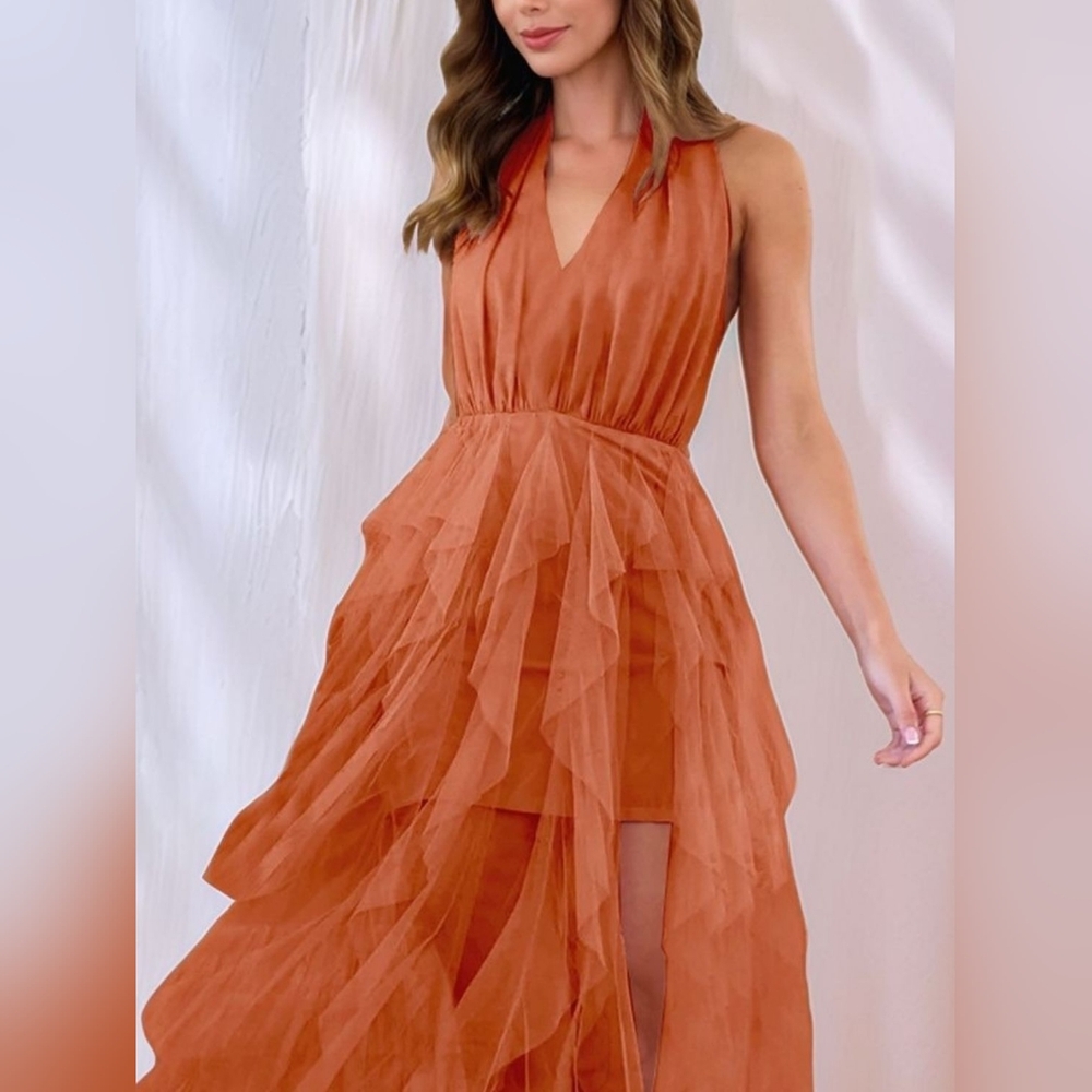 Chic Halter Maxi Dress in Vibrant Pumpkin Orange With Side Slit - Picture 4 of 8